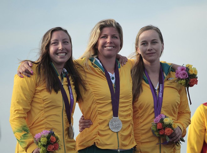 Olivia Price, Nina Curtis and Lucinda Whitty (AUS) who won the Silver Medal today, 11.08.12, in the Medal Race Women’s Match Racing (Elliott 6M) event in The London 2012 Olympic Sailing Competition.<br />
<br />
The London 2012 Olympic Sailing Competition runs from 29 July to 12 August and brings together 380 of the world’s best sailors to race on Weymouth Bay.<br />
Sailing made its Olympic debut in 1900 and has appeared a © onEdition http://www.onEdition.com